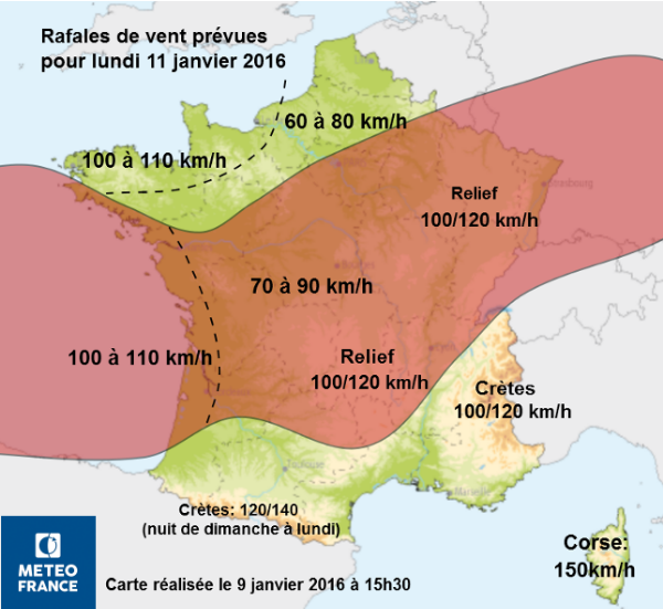Alerte Météo France :  Fort risque de tempête à partir de dimanche soir, 10 janvier 2016
